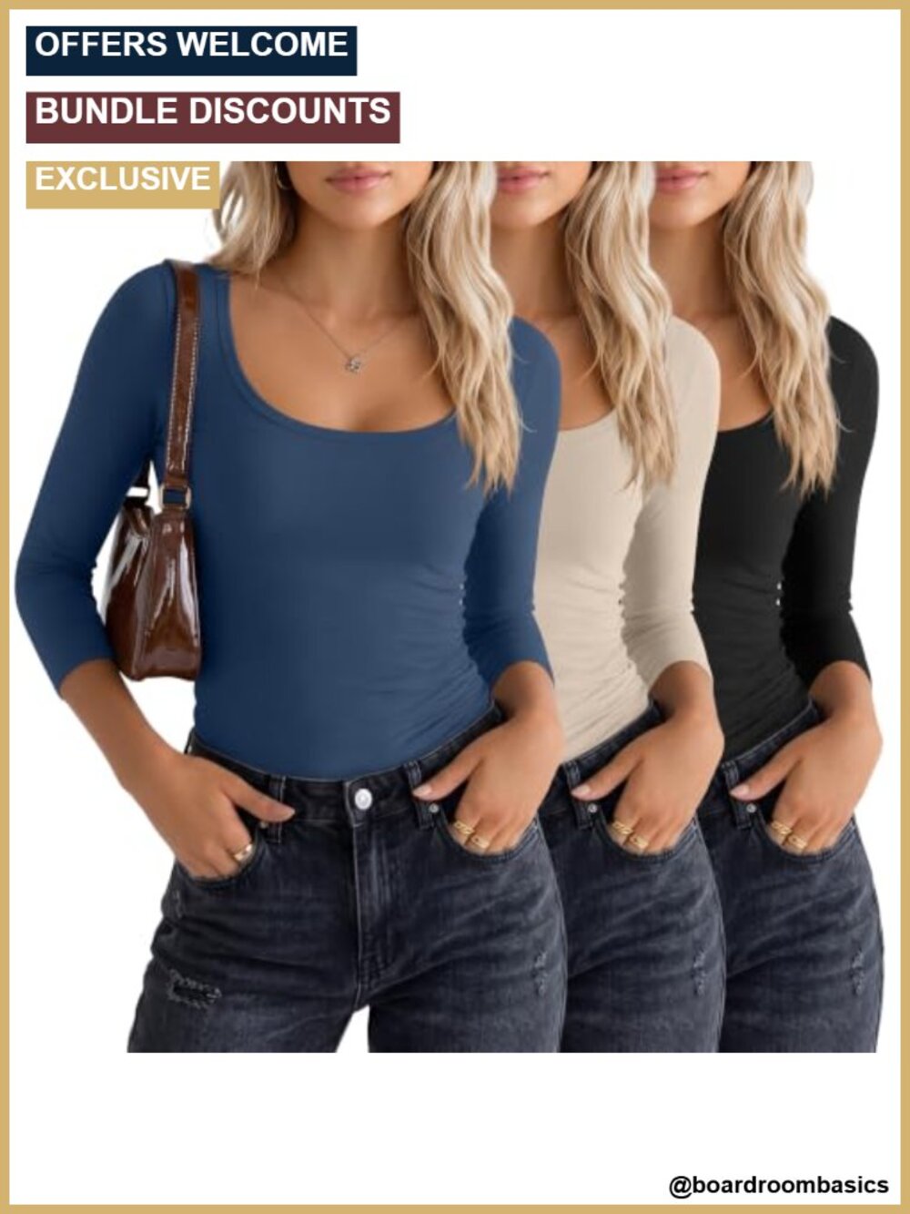 3/4 Sleeve Scoop Neck Tops Slim Fit Knit Cotton Blend